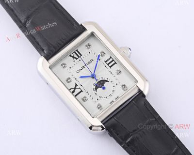 Cartier Tank Solo Moonphase Copy Watch White Dial Black Leather Strap